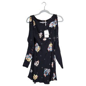 Free People NWT Black Floral Sunshadows Long Slit Sleeve Mini Dress Size 0